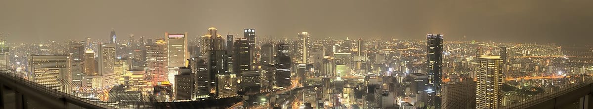 Eine nächtliche Großstadt-Skyline, der Himmel darüber vom Streulicht der Stadt aufgehellt